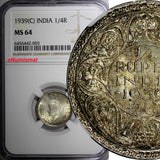 India-British George VI Silver 1939 (C) 1/4 Rupee NGC MS64 KM# 544 (003)