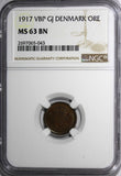 Denmark Christian X 1917 VBP GJ 1 Ore NGC MS63 BN WWI KEY DATE SCARCE KM812.1(3)