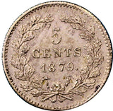 Netherlands William III Silver 1879  Broadaxe 5 Cents Toned High Grade KM# 91(5)