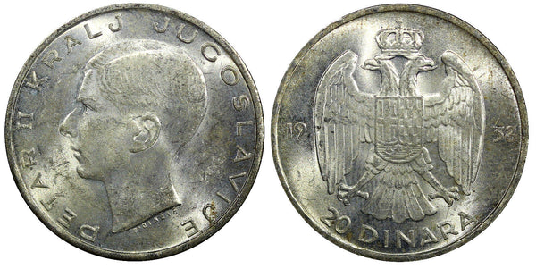 Yugoslavia Petar II Silver 1938 20 Dinara 1 Year Type KM# 23 (22 407)