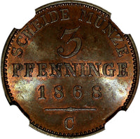 German States PRUSSIA Wilhelm I Copper 1868 C 3 Pfennig NGC MS63 RB KM# 482(110)