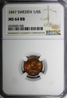 SWEDEN Oscar I Copper 1847 1/6 Skilling NGC MS64 RB NICE BU COIN  KM# 656 (206)