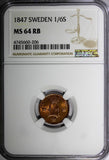 SWEDEN Oscar I Copper 1847 1/6 Skilling NGC MS64 RB NICE BU COIN  KM# 656 (206)