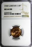 Great Britain George VI Bronze 1948 Farthing NGC MS64 RB LAST YEAR TYPE KM# 843