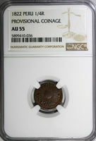 Peru Provisional Coinage Copper 1822 LIMA 1/4 Real NGC AU55 SCARCE KM#135 (036)