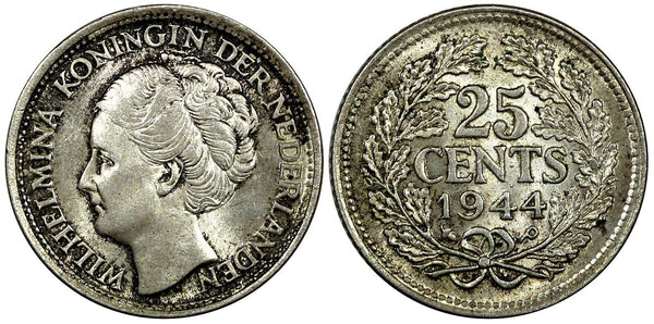 Netherlands Wilhelmina I Silver 1944 25 Cents WWII Issue KM# 164 (20 601)