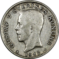 SWEDEN Gustaf V Silver 1942 G Krona KEY DATE RARE TYPE I  WWII KM# 786.2 #10011