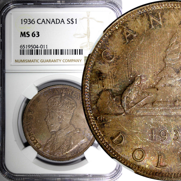 CANADA George V Silver 1936 $1.00 1 Dollar NGC MS63 Nice Toning KM# 31 (11)