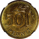 FINLAND Aluminum-Bronze 1963-S 50 Pennia NGC MS64 1st Year Type KM# 48 (169)
