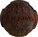 SWEDEN Carl XIV Copper 1830 1/6 Skilling REEDED EDGE NGC MS61 BN NICE RED KM#625