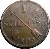 SWEDEN COPPER 1805 1 SKILLING OVERSTRUCK ON 18th Cent 2 ORE S.M.  KM#566