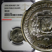 DOMINICAN REPUBLIC 1976 25 Centavos NGC MS64 Death of Juan Pablo Duarte KM43(4)