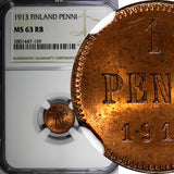 Finland Russian Tsar Nicolas II  1913 1 Penni NGC MS63 RB RED KM# 13 (159)