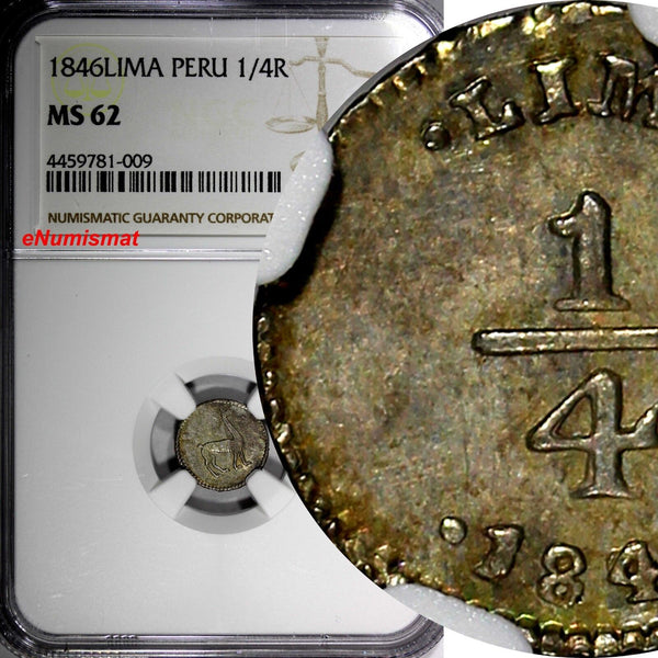 PERU Silver 1846 LIMA 1/4 Real NGC MS62 Light Toned  KM# 143.1 (009)