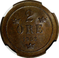 Sweden Oscar II Bronze 1902 2 Ore NGC MS63 BN KM# 746 (102)