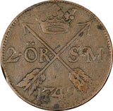 Sweden Frederick I 1749 2 Ore, S.M.Low Mintage-313,000 KM# 437(21 375)