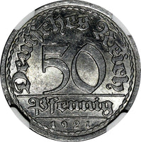 Germany, Weimar Republic 1921 F 50 Pfennig NGC MS63 Stuttgart Mint KM# 27 (051)