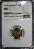 Monaco Louis II 1926 50 Centimes NGC MS64 Mintage-100,000 1 YEAR TYPE KM# 113
