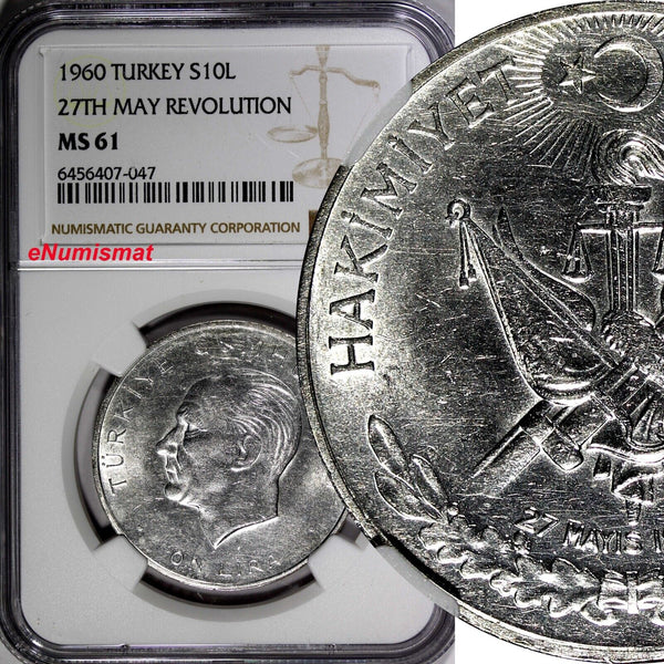 Turkey Silver 1960 10 Lira 27th May Revolution NGC MS61 KM# 894 (047)