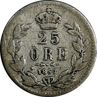 SWEDEN Oscar I Silver 1857/6 ST 25 Ore Mintage-434,000 OVERDATE SCARCE KM# 684