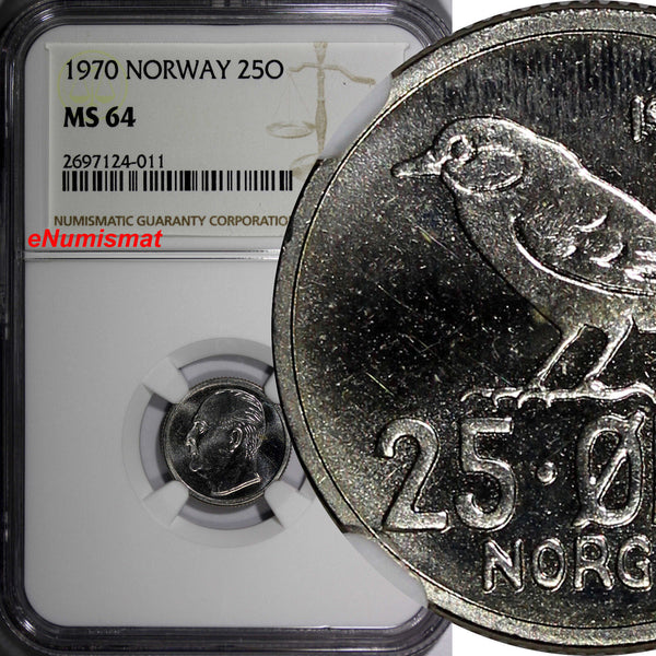 Norway Olav V 1970 25 Ore NGC MS64 PROOF LIKE TOP GRADED COIN BY NGC KM# 407 (1)