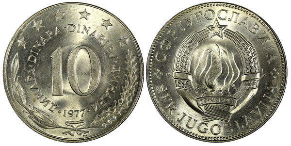 Yugoslavia Copper-Nickel 1977 10 Dinara 30mm GEM BU KM# 62 (21 699)