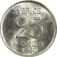 Sweden Gustaf VI Silver 1960 TS 25 Öre KEY DATE GEM BU COIN KM# 824 (22 023)