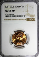 Australia Elizabeth II Bronze 1981 2 Cents NGC MS67 RD FULL RED TOP GRADED KM#63