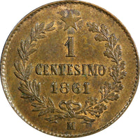 ITALY Vittorio Emanuele II Copper 1861 M Centesimo UNC KM# 1.1 (23 903)