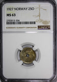 Norway Haakon VII 1927 25 Ore NGC MS63 Center Hole BETTER DATE KM# 384 (204)