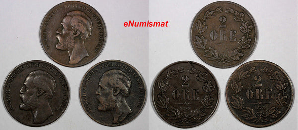 Sweden Oscar II Bronze LOT OF 3 COINS 1873 L.A. 2 Ore  VF KM# 729 (10 063)