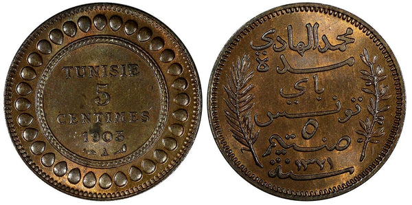 Tunisia Muhammad IV Bronze AH1322//1903 A 5 Centimes RED-BROWN UNC KM# 228 (649)