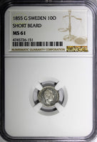 SWEDEN Oscar I (1844-1859) Silver 1855 G 10 Ore NGC MS61 Short Beard KM# 683 (1)