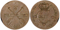 SWEDEN Carl XIV Johan Copper 1829 1/4 Skilling 26 mm XF KM# 595 (21 349)