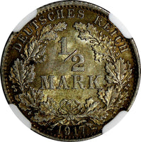 Germany-Empire Wilhelm II Silver 1917 A 1/2 Mark NGC MS65 Berlin Mint KM# 17(18)