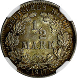 Germany-Empire Wilhelm II Silver 1917 A 1/2 Mark NGC MS65 Berlin Mint KM# 17(18)