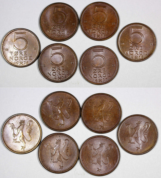 Norway Olav V BRONZE LOT OF 6 COINS 1973-1982 5 Øre UNC KM# 415 (20 801)