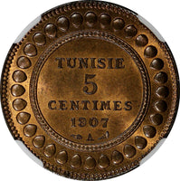 Tunisia Bronze AH1325//1907 A 5 Centimes NGC MS64 RB NICE TONED KM# 235 (050)