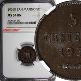 San Marino Bronze 1936 R 5 Centesimi NGC MS64 BN Mintage-400,000 KM# 12 (242)