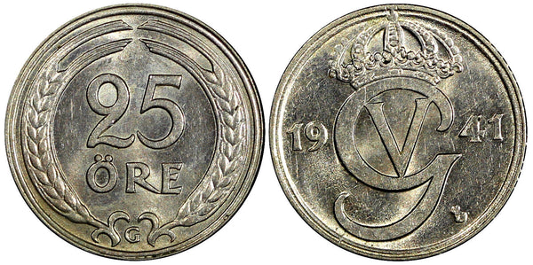 Sweden Gustaf V Nickel-Bronze 1941 G 25 Öre GEM BU  KM# 798 (22 035)