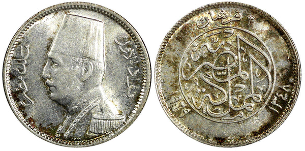 Egypt Fuad I Silver AH1348 / 1929 2 Piastres Mintage-500,000 aUNC/UNC KM#348 (9)