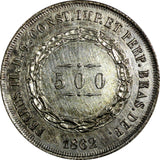 Brazil Pedro II Silver 1862 500 Reis aUNC Nice Toned KM# 464 (15 623)