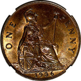 GREAT BRITAIN George V Bronze 1936 1 Penny NGC MS65 BN NICE TONING KM# 838 (52)