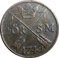 SWEDEN COPPER  Frederick I 1749 2 Ore,S.M.Struck at Avesta Mint . KM# 437 (2339)