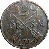 SWEDEN COPPER  Frederick I 1749 2 Ore,S.M.Struck at Avesta Mint . KM# 437 (2339)