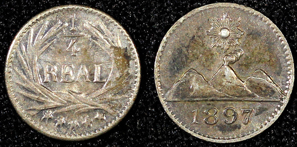 GUATEMALA Silver 1897 1/4 Real  Sun above 3 Volcanoes Toned KM# 162 (22 794)