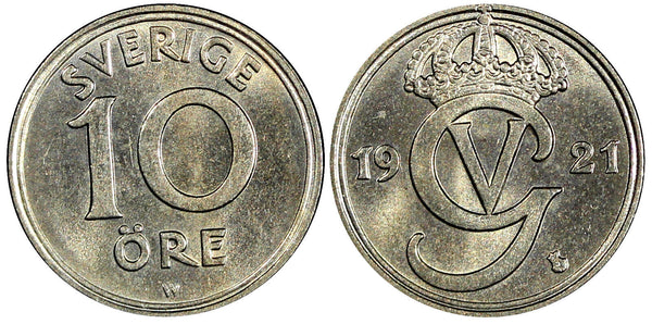 Sweden Gustaf V (1907-1950) Nickel-Bronze 1921 W 10 Öre Ch.UNC KM# 795 (22 131)