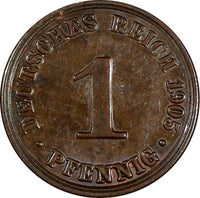 Germany - Empire Wilhelm II Copper 1905 A 1 Pfennig Berlin Mint UNC KM# 10 (250)