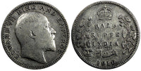 India-British Edward VII Silver 1910 1/2 Rupee Calcutta Mint Last Year KM#507(7)