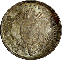 Bolivia Silver 1898 PTS CB 50 Centavos POTOSI Light Toned UNC KM# 161.5